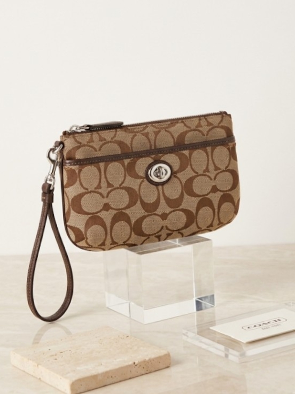 Coach Brown Signature Canvas Wristlet with Turn-Lock